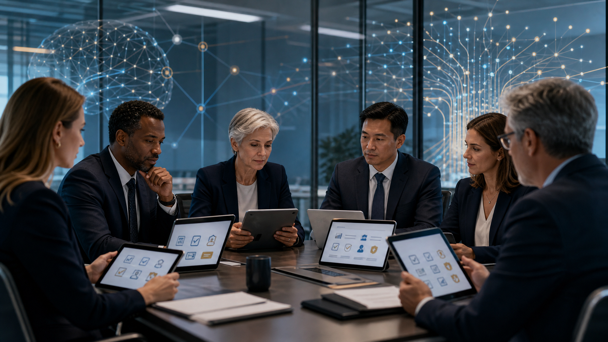 Credit union leaders reviewing AI governance policies in a modern boardroom