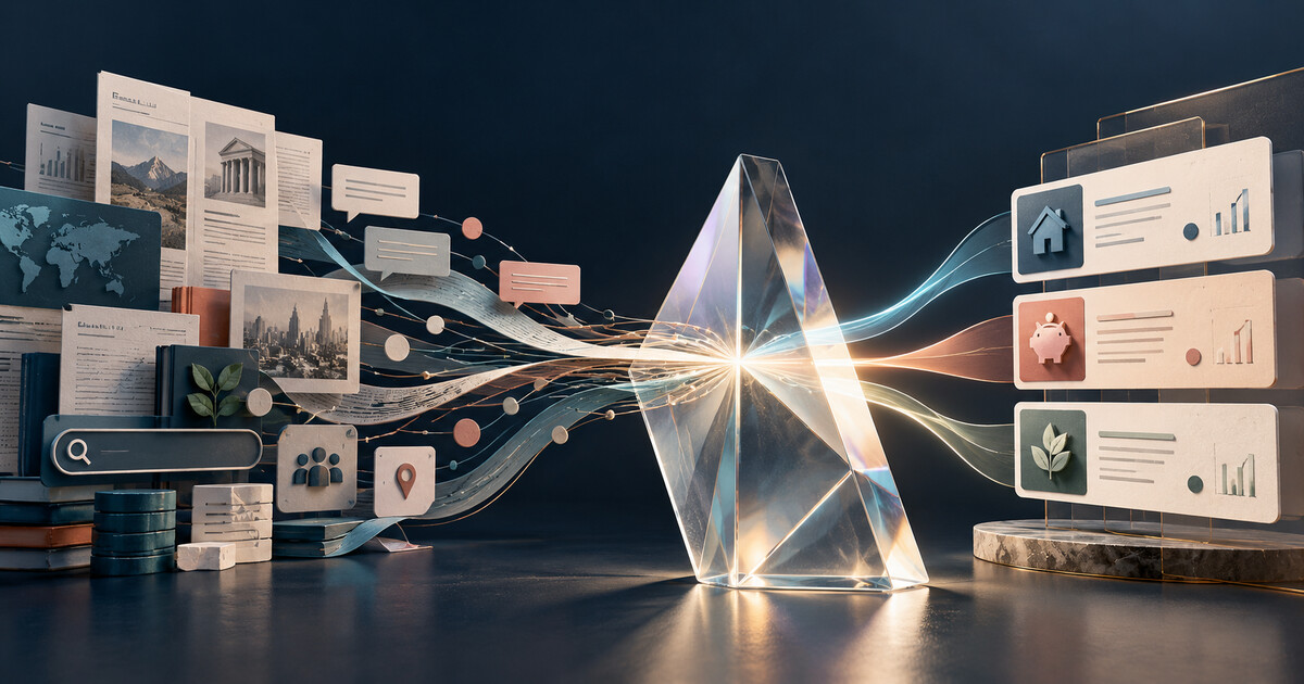 Publication pages and member search signals flow through a transparent answer prism toward neutral financial product cards
