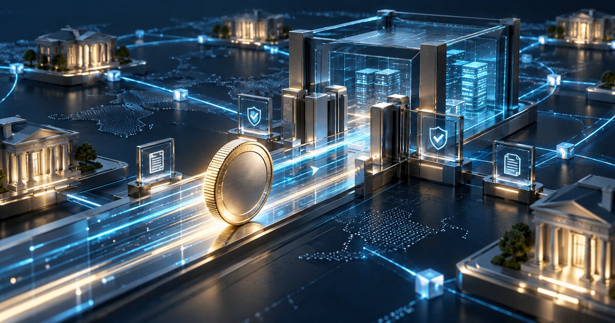 A secured institutional token moves across a controlled blockchain payment network between reserve, identity and reconciliation checkpoints