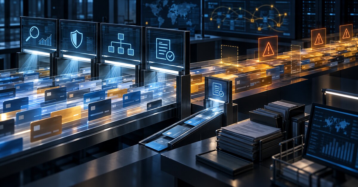 Card transaction streams pass through monitoring and control gates while unresolved warning paths continue beyond them