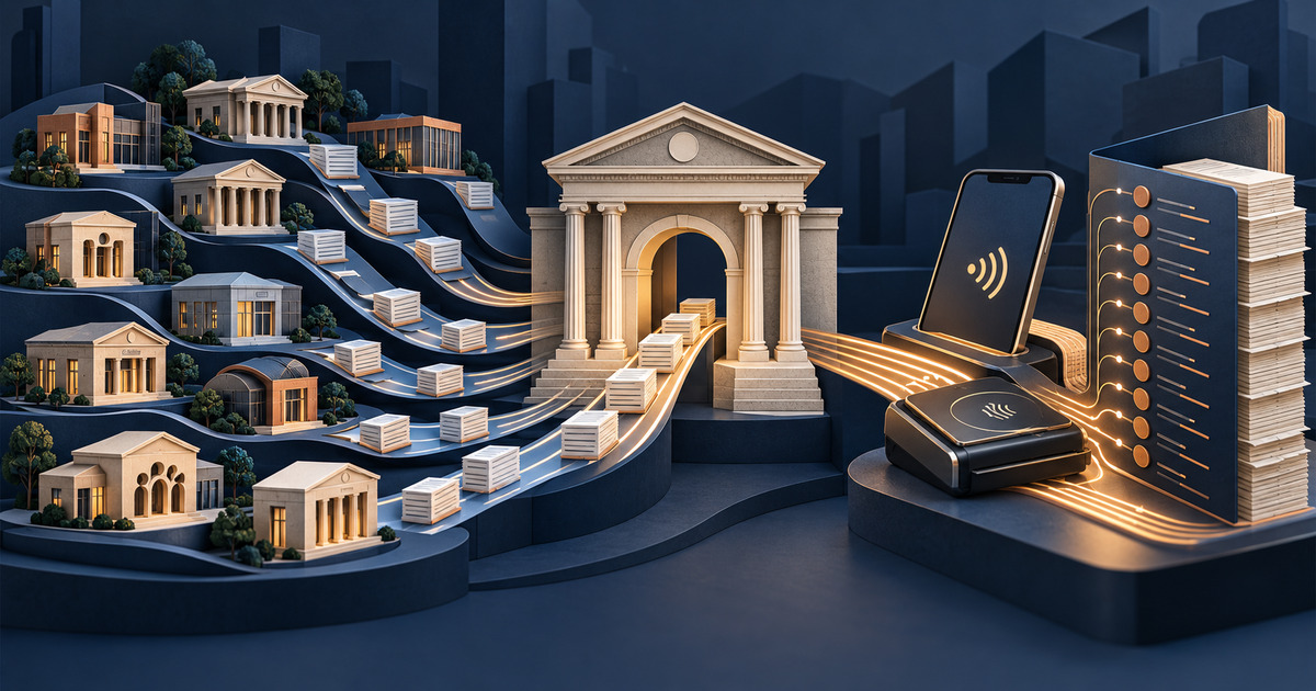 Card-issuer evidence packets converge through a courthouse certification gate toward a mobile tap-to-pay terminal and transaction-fee ledger
