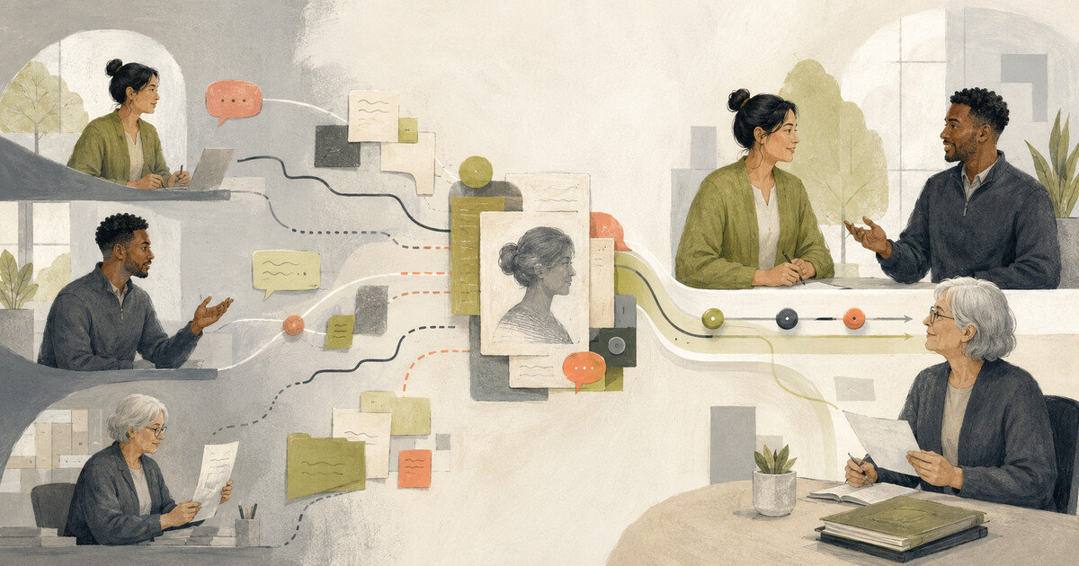 Editorial illustration of fragmented credit-union service workflows converging around a shared member profile