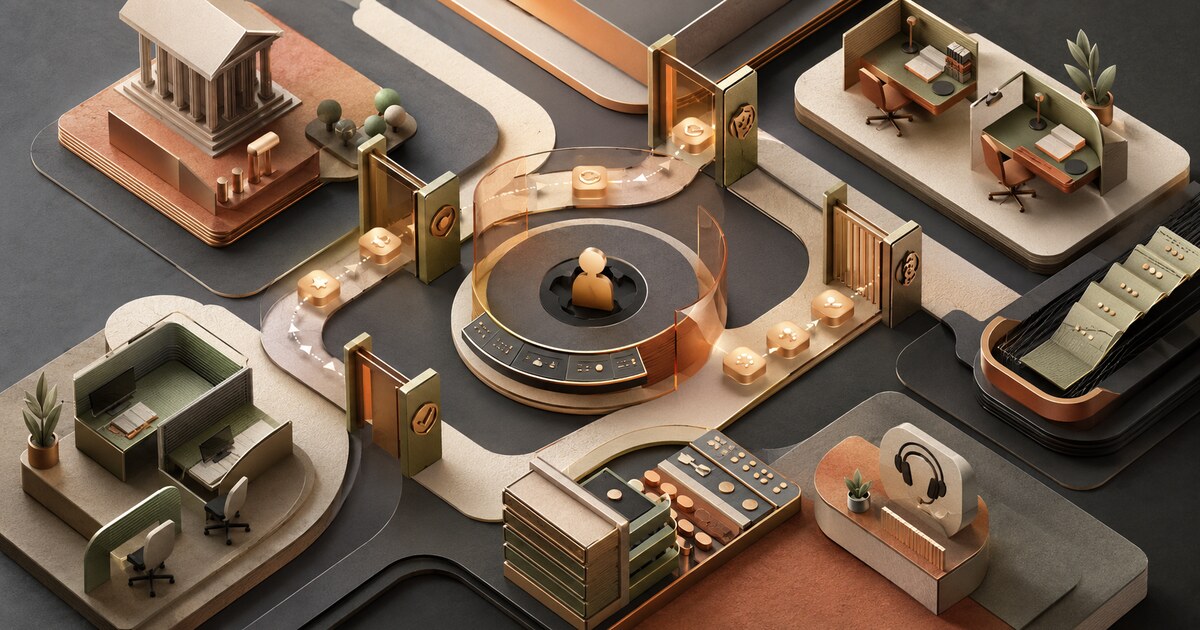 Isometric financial operations network showing AI tasks passing through security and human-approval gates