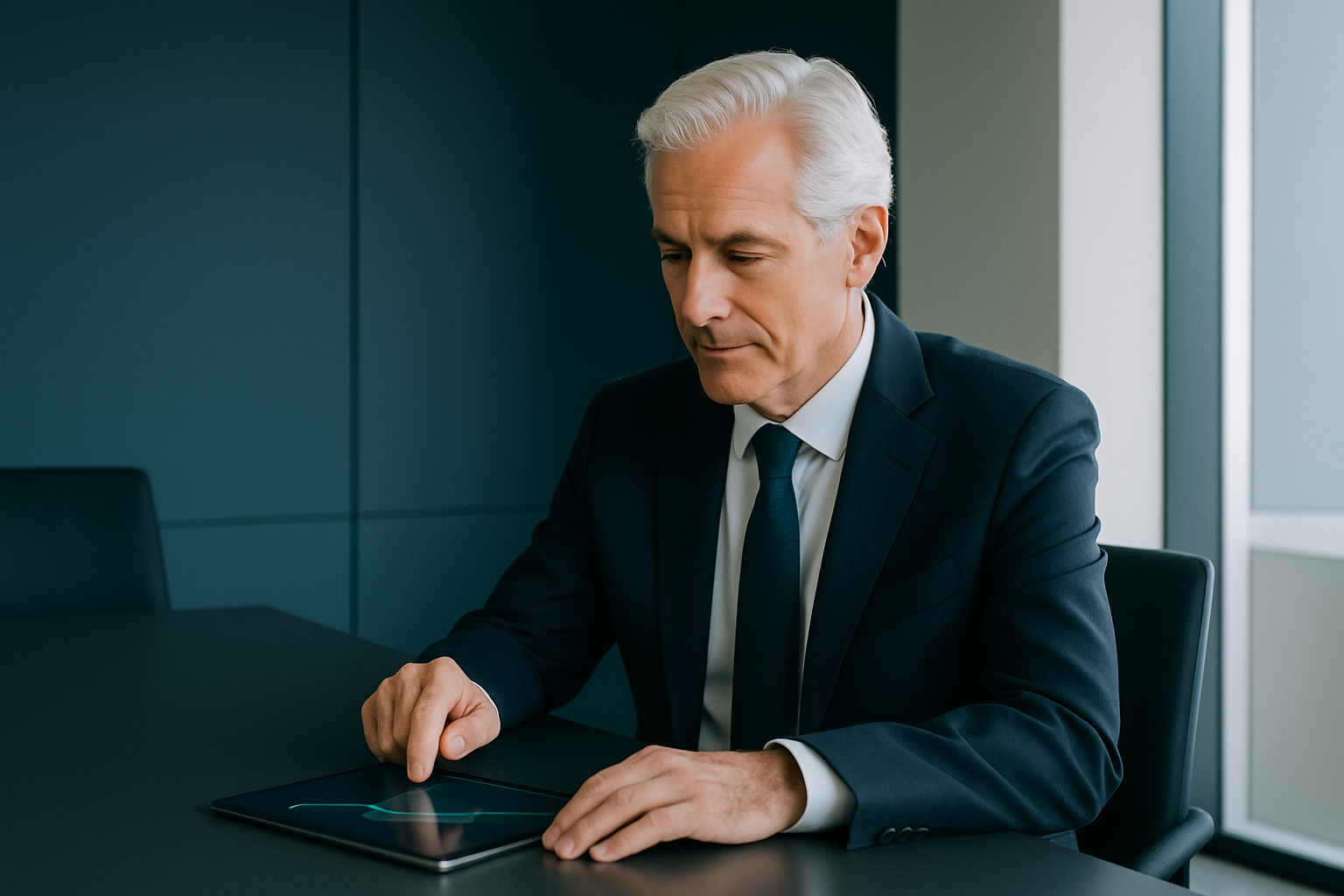 A professional Black woman in crisp business attire, focused intently in an ultra-clean, minimalist office with warm wooden accents and a soft background blur (bokeh). A modern glass interface displays a soft, glowing, abstract neural data network weave.