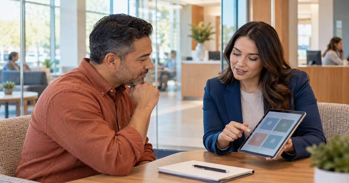 A member and credit-union employee review abstract personalized offers on a tablet in a branch setting