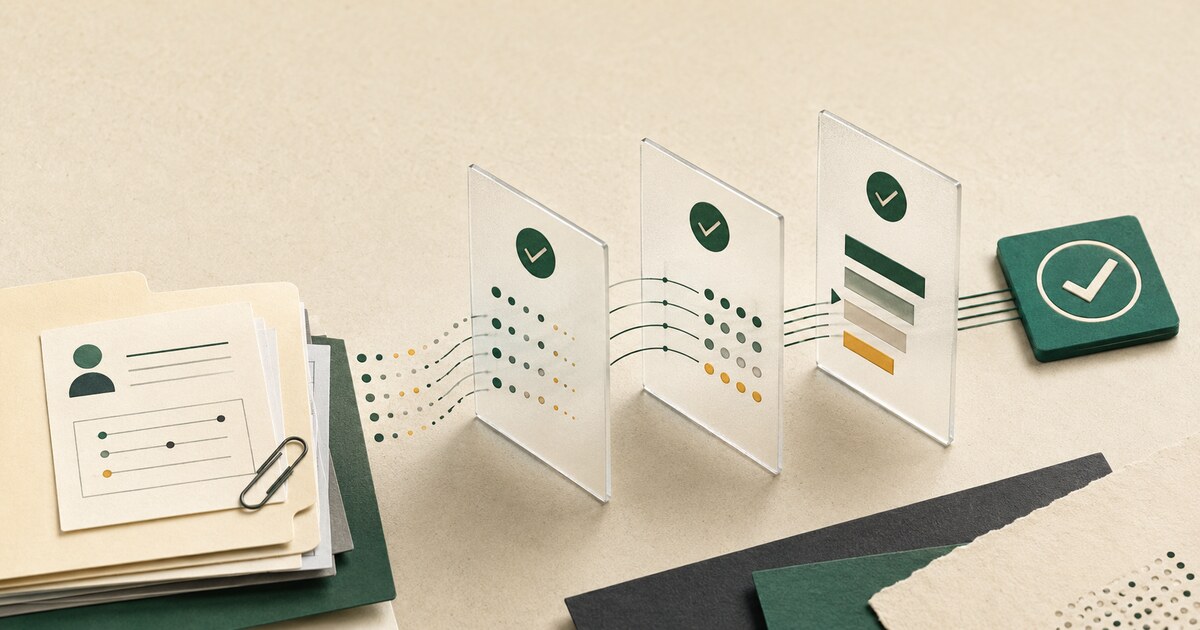Loan files arranged beneath transparent decision layers with a green approval marker
