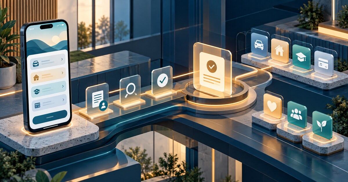 A mobile banking pathway connects loan applications, funding confirmation and member relationship modules through a shared digital platform