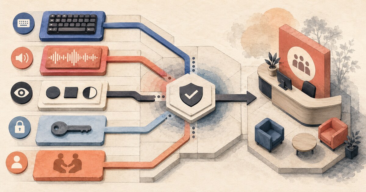 Multiple accessible service routes converge through a control check before reaching a staffed member-service desk