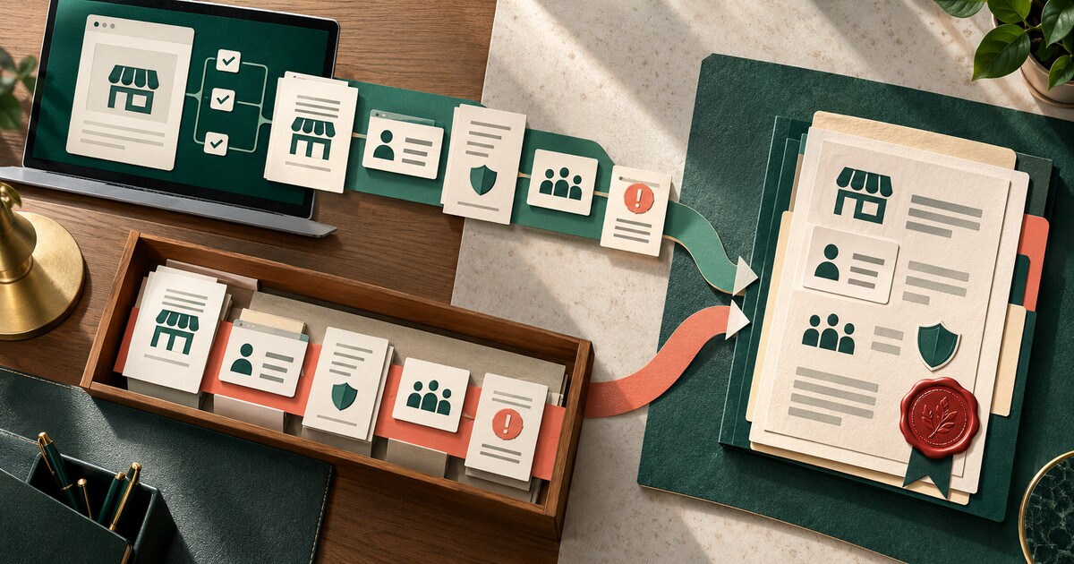 Digital and branch business-onboarding paths converge into one approved evidence file containing entity, owner, signer and exception records
