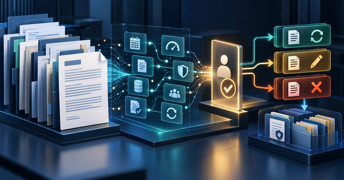 Vendor agreements pass through an AI obligation-mapping layer to a human decision gate, renewal paths and an evidence archive
