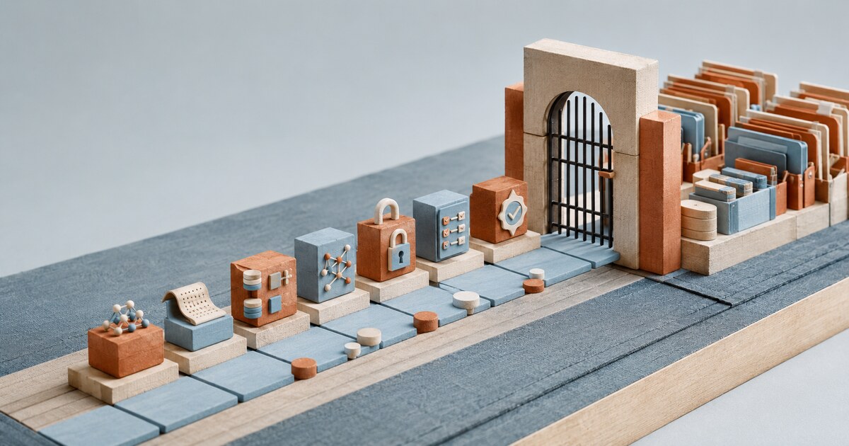 Terracotta and pale-blue AI system modules move through a controlled archival gate into an organized evidence file