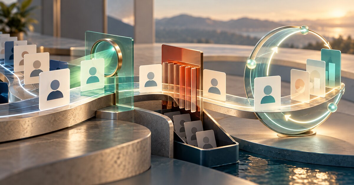 Member-offer cards move through permission, eligibility, suppression and outcome checkpoints in a closed review loop