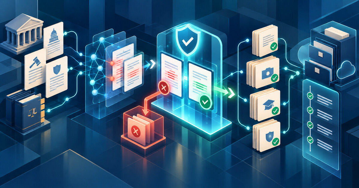 Authoritative regulatory sources pass through an AI comparison layer and human approval gate into policy, procedure, training and evidence records