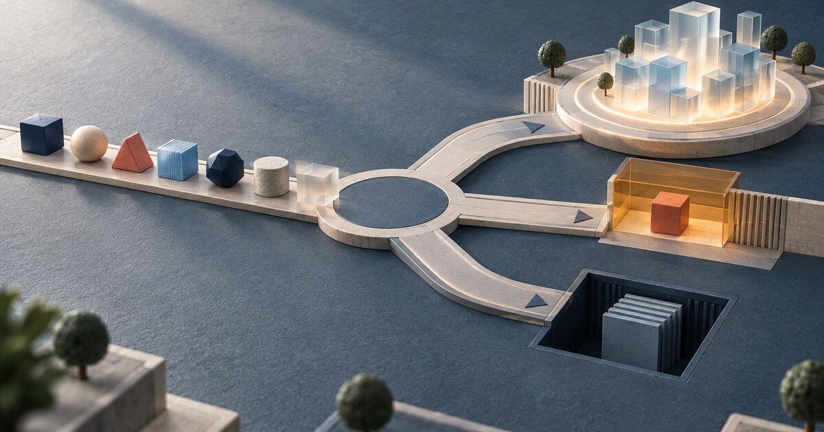 A portfolio of initiative blocks reaches a review junction with separate scale, hold and archive paths