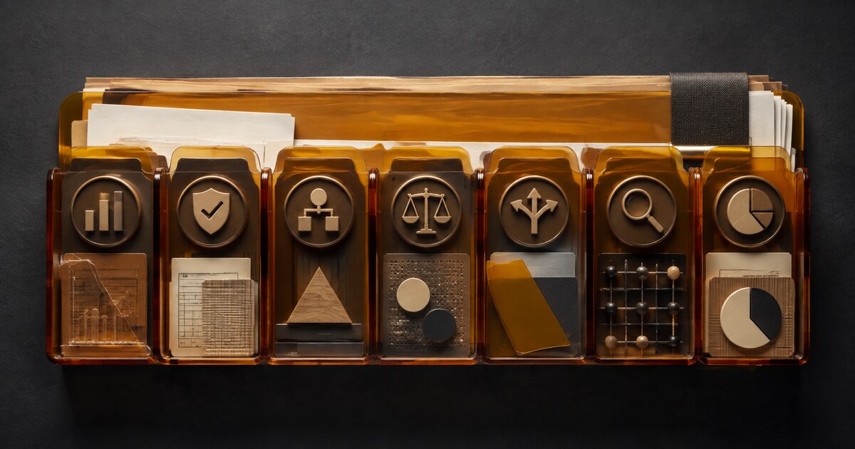 Seven amber control compartments organize a small-business loan evidence file on a charcoal work surface