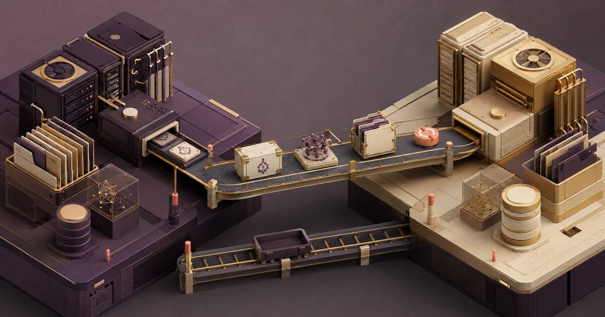 Two modular AI platforms connected by a controlled bridge carrying data, model and audit components