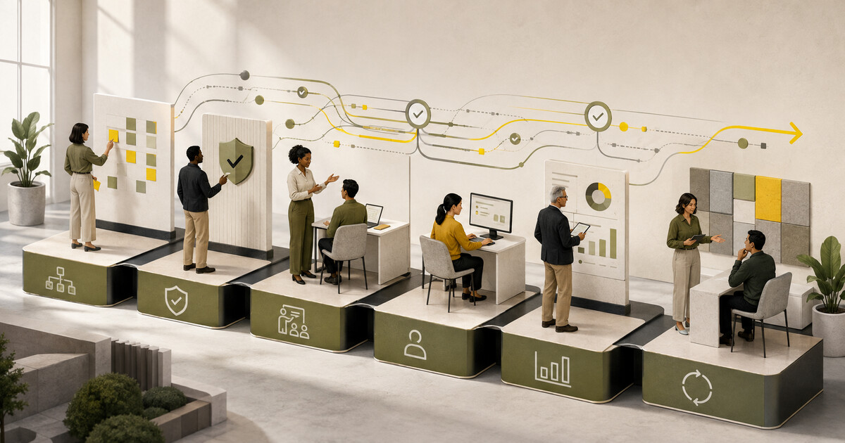 Editorial illustration of six connected stages for mapping, governing, training and reviewing AI-assisted work