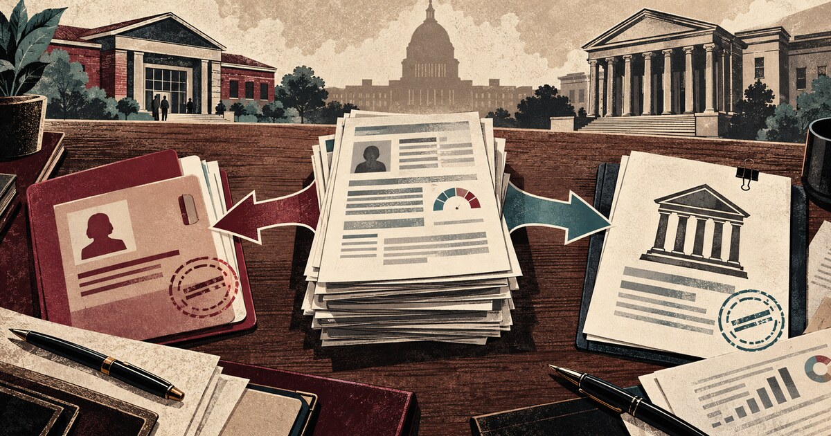 A credit report and legal documents move toward a congressional voting chamber across balanced review scales