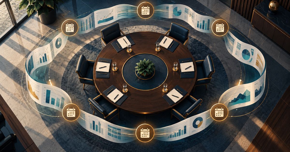 A credit union board calendar shifts from twelve monthly meetings to six structured governance checkpoints