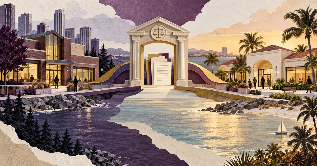 Two community financial architectures connect through a central regulatory-review gateway between northern and Gulf Coast settings