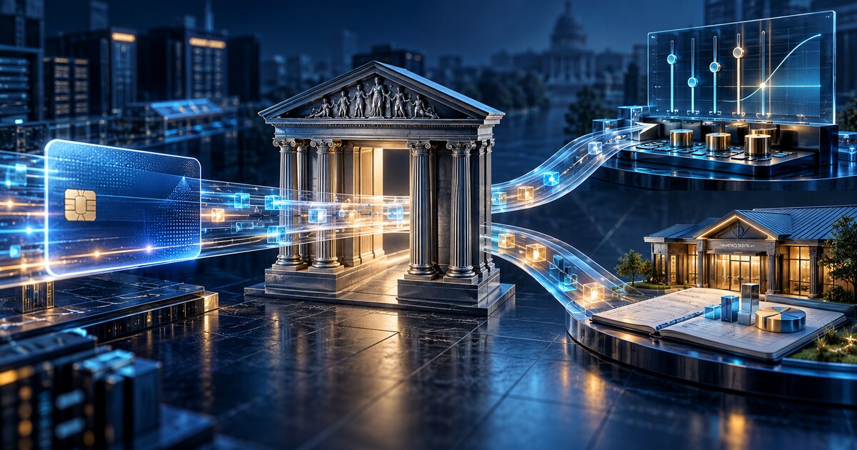 An unbranded debit-card transaction passes through a court decision gate toward regulatory recalculation and credit-union planning controls