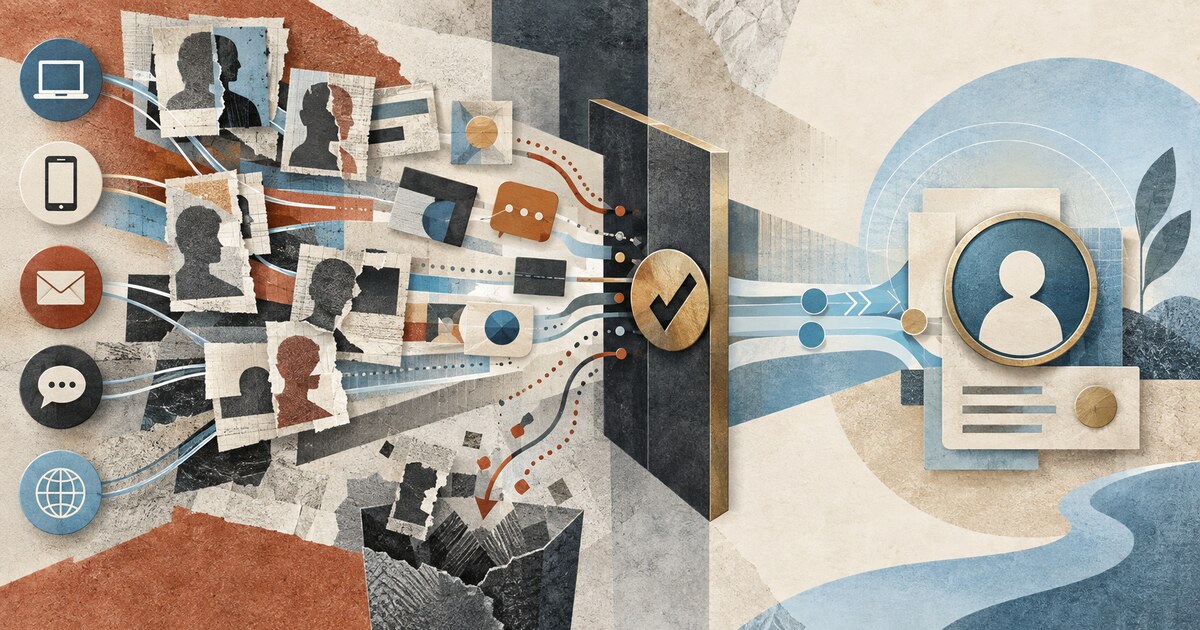 Fragmented synthetic identities and digital messages converge through a verification checkpoint toward a protected member account