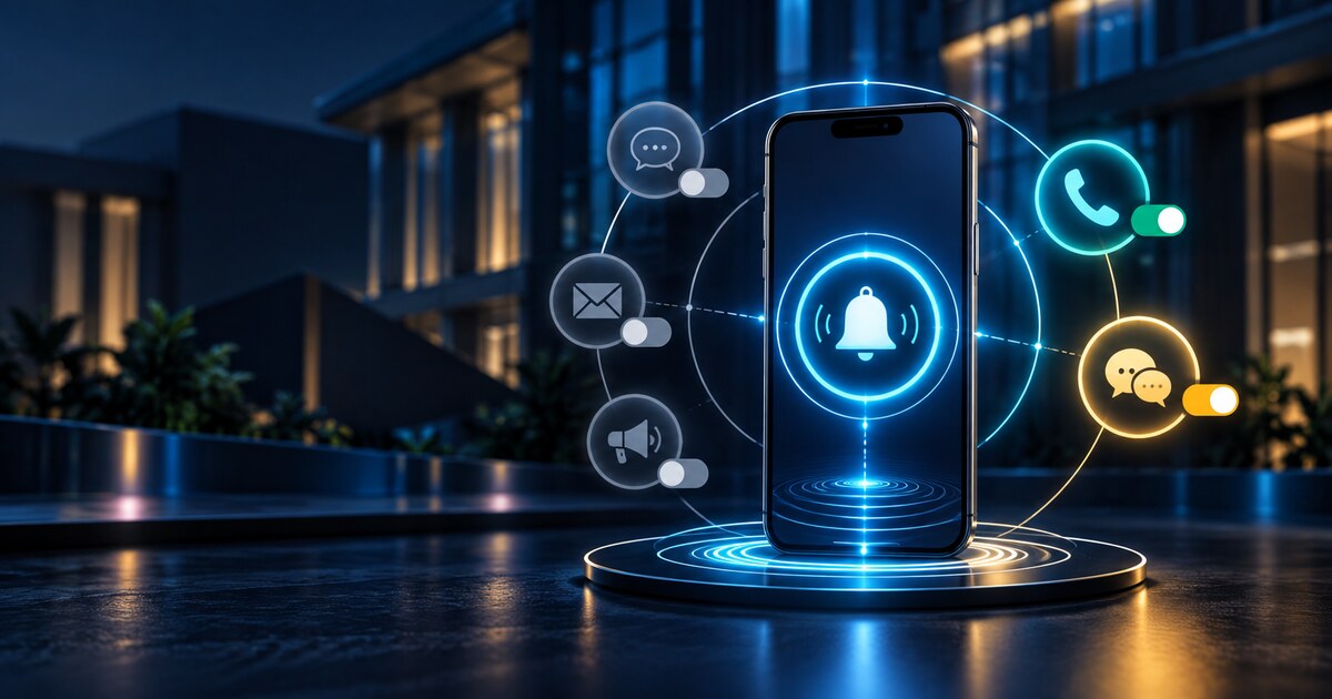 A secure mobile notification remains active while separate communication categories are switched on or off