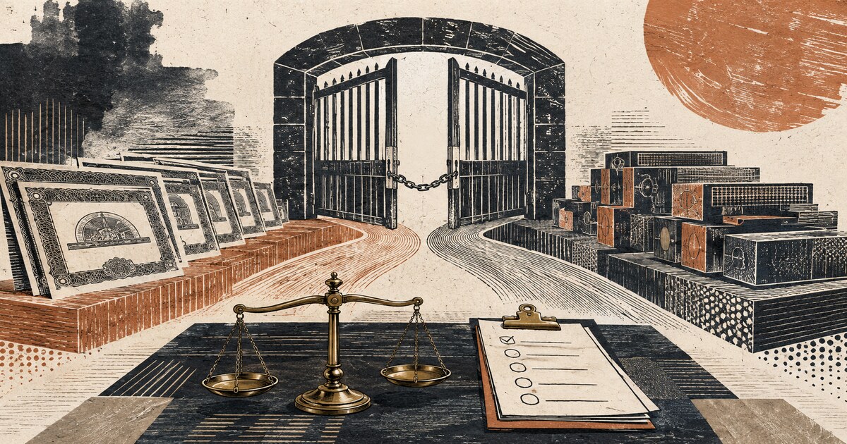 An ink illustration of a chained investment gate between bond certificates and structured security blocks, with a balance and control checklist in front