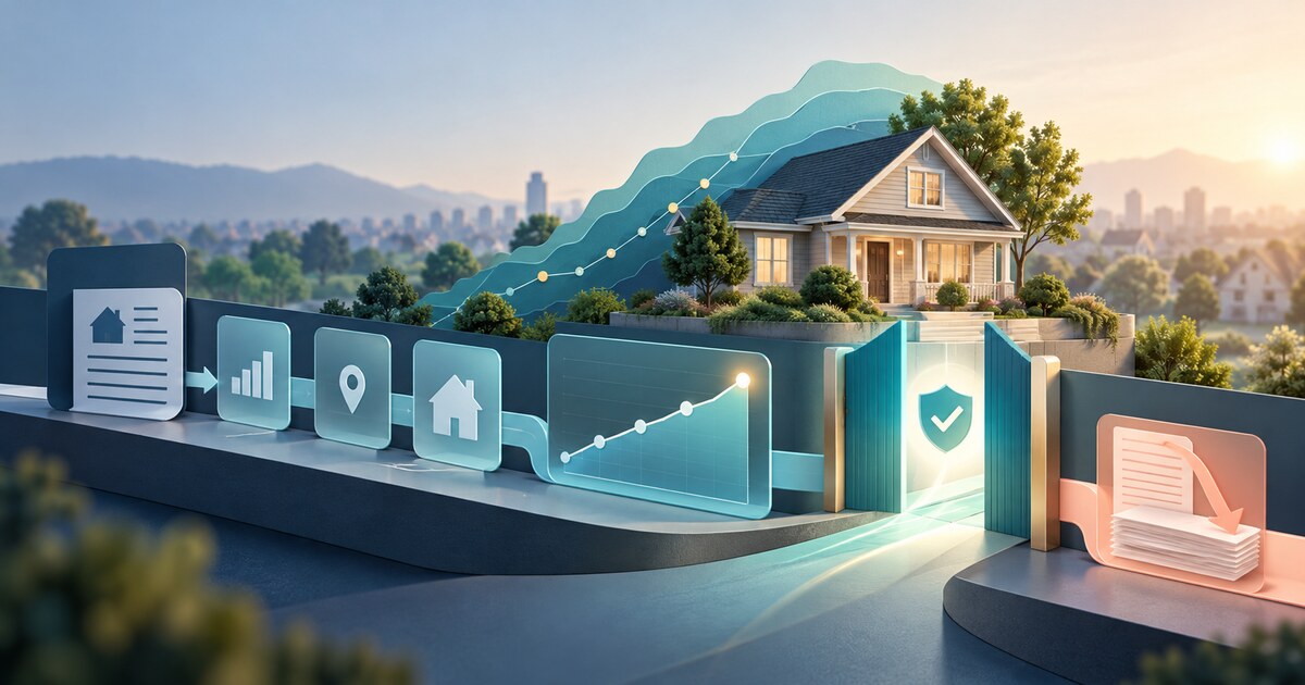 A home-loan servicing workflow uses property-value signals to cross a controlled equity threshold and reduce documentation