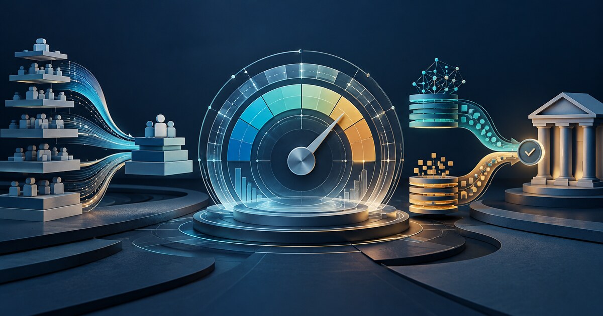 Organizational layers and two credit-scoring paths converge around a transparent risk gauge and lender decision checkpoint