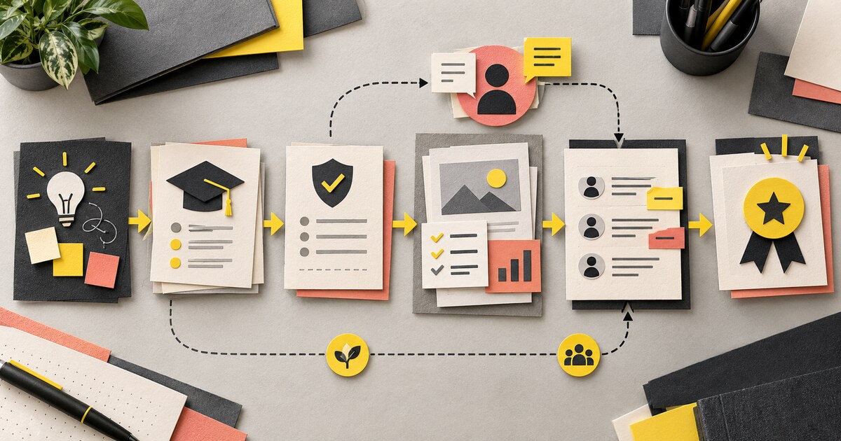 An employee-development pathway connects training, human review, measured outcomes and a compensation decision checkpoint