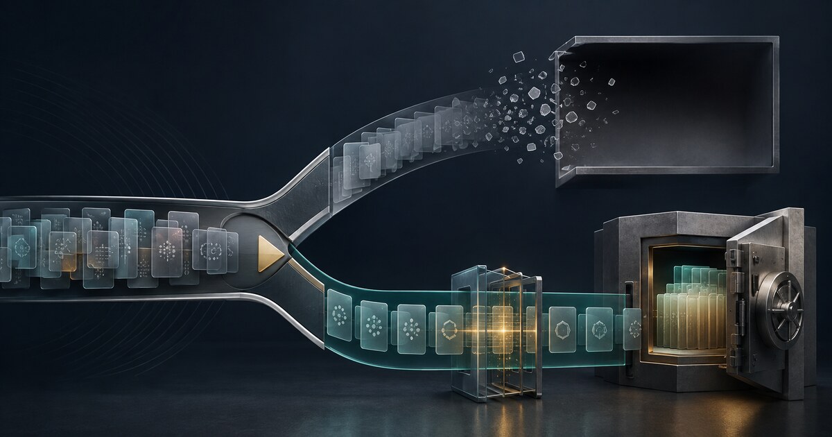 Ownership data splitting between a disappearing reporting path and a continuing identity-verification path into a secure vault