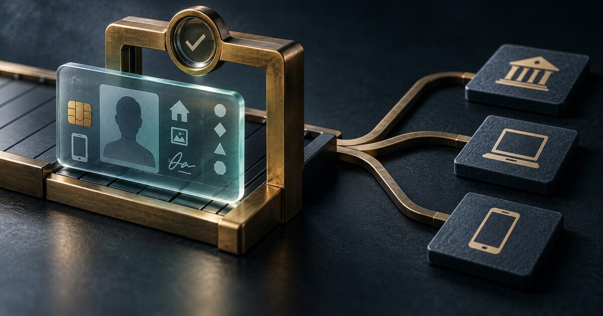 A translucent digital identity credential passes through a brass verification gate before branching to in-person, web and mobile onboarding paths