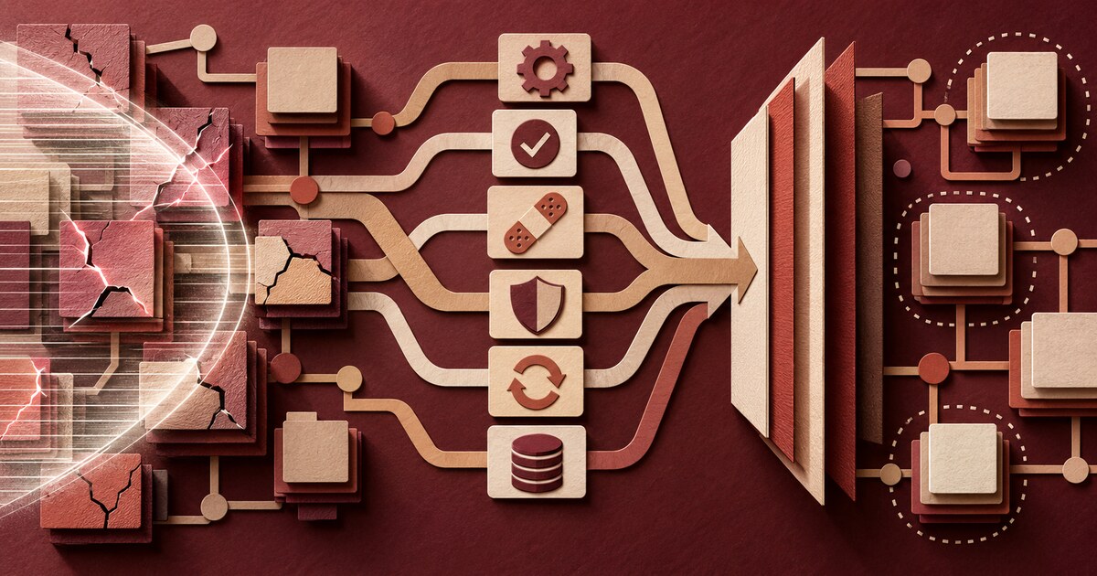 Paper-cut software components with exposed cracks move through testing and patching paths into segmented protected systems