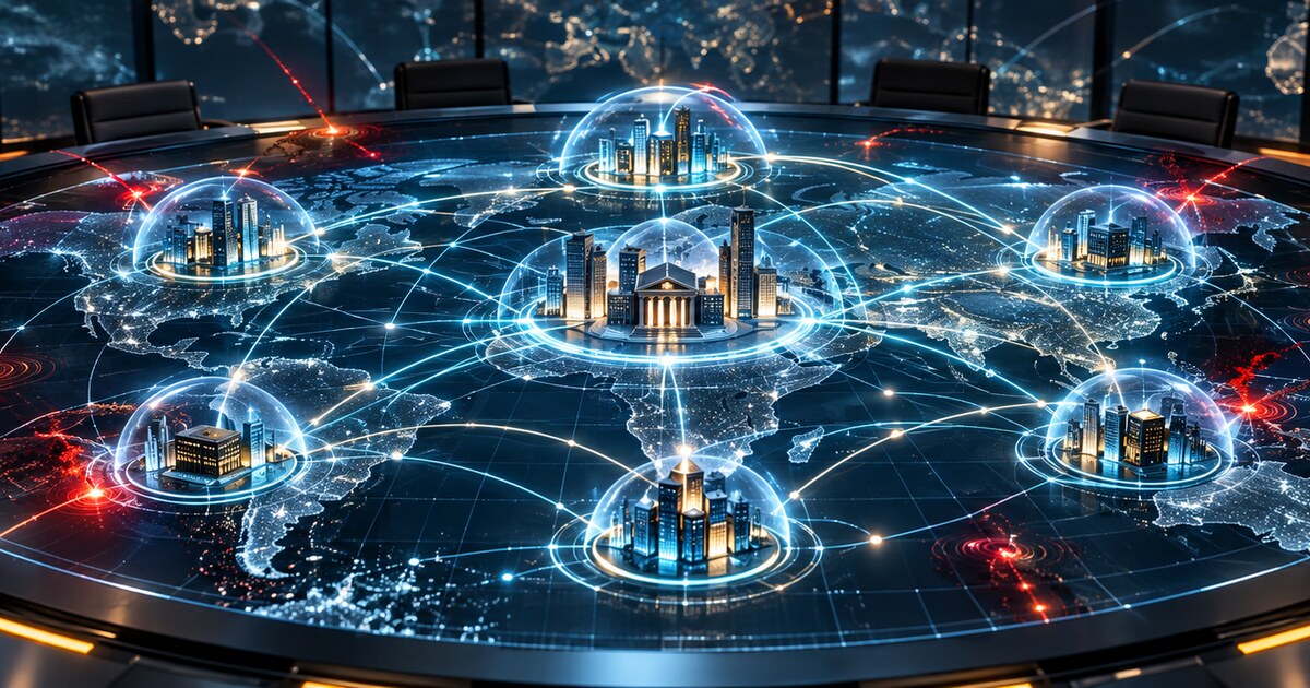 A financial-system map on a tabletop links protected institutions while simulated attack signals test the perimeter