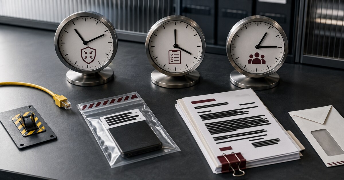 Three incident-response clocks beside preserved evidence, an isolation switch, redacted records and a notification envelope