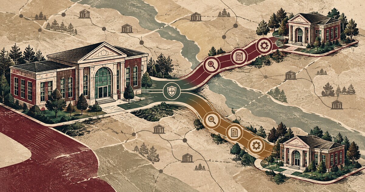 Three community financial institutions connect through separate due-diligence and service-continuity paths on a regional map