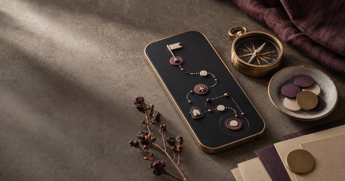 A phone-like object, compass and budget tokens arranged as a guided financial path