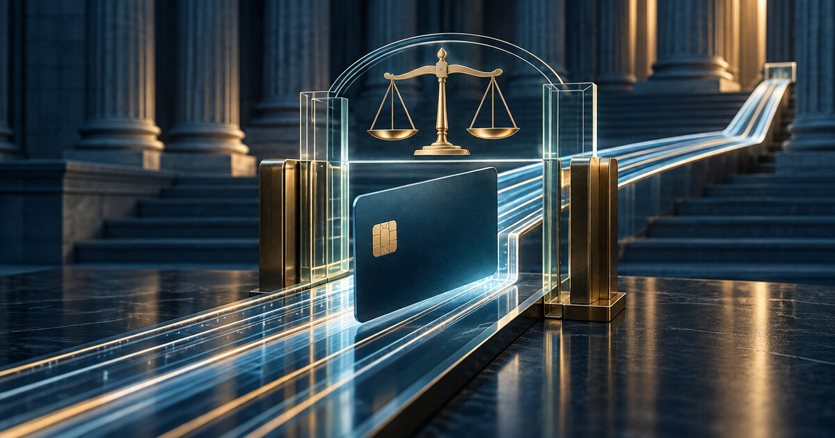 A payment card moves through a transparent appellate gate beneath balanced legal scales in a courthouse setting