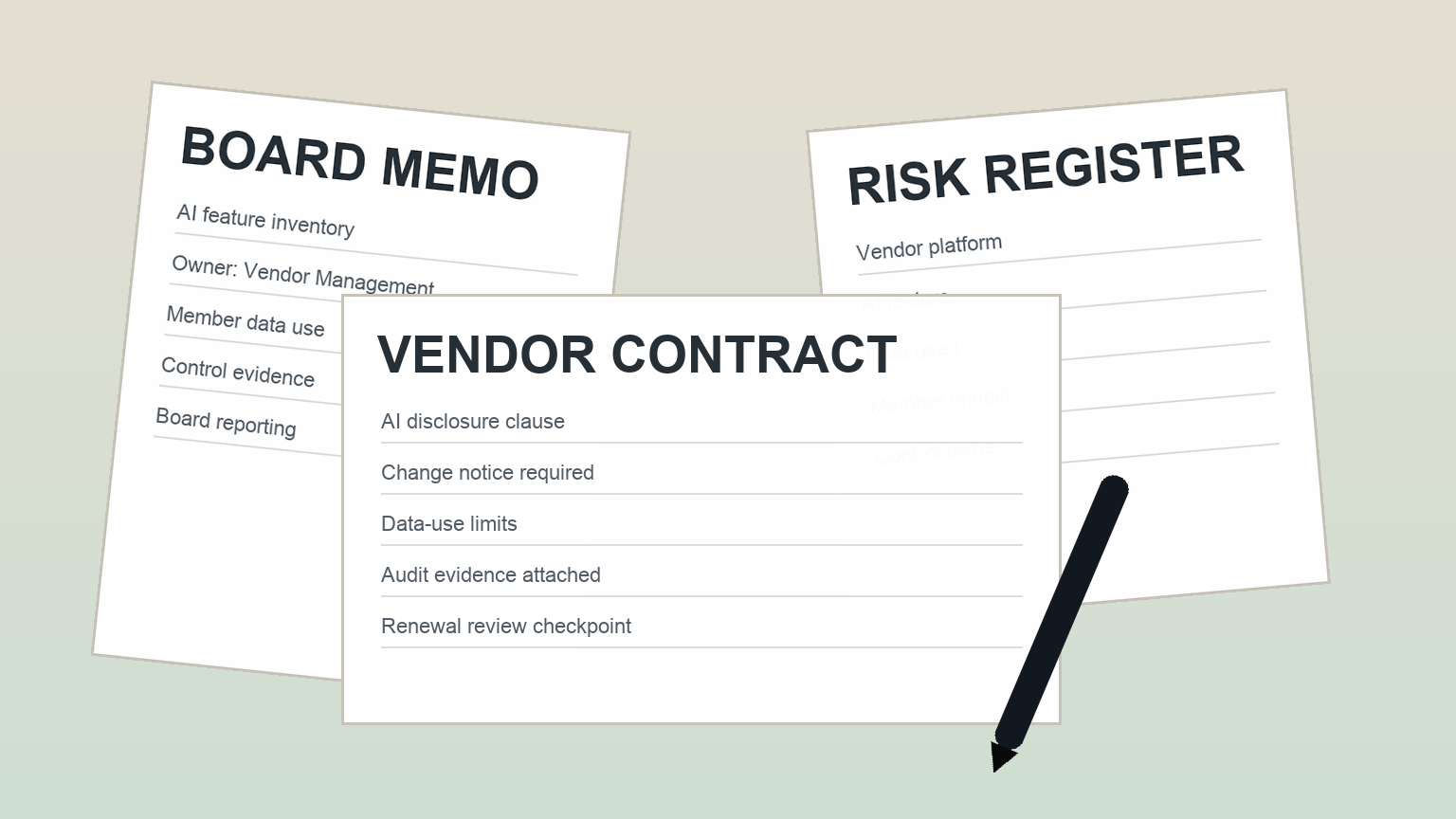 Credit union compliance officer reviewing vendor contracts and risk registers for hidden AI features