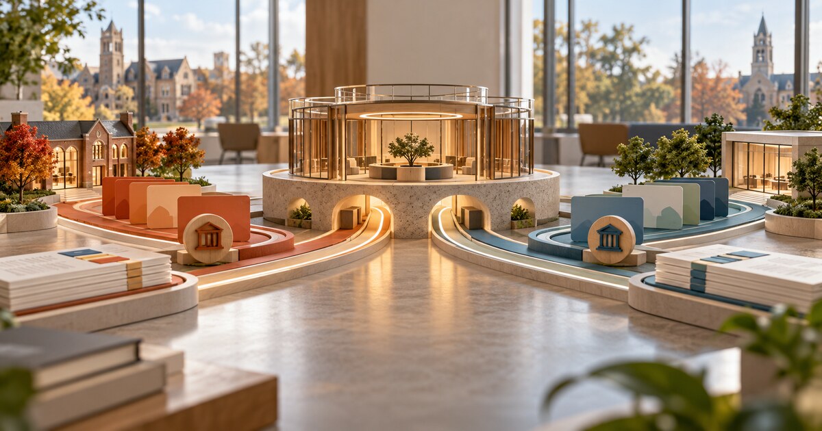 Two campus-rooted credit union service paths converge on a shared central structure while their distinct member channels remain visible