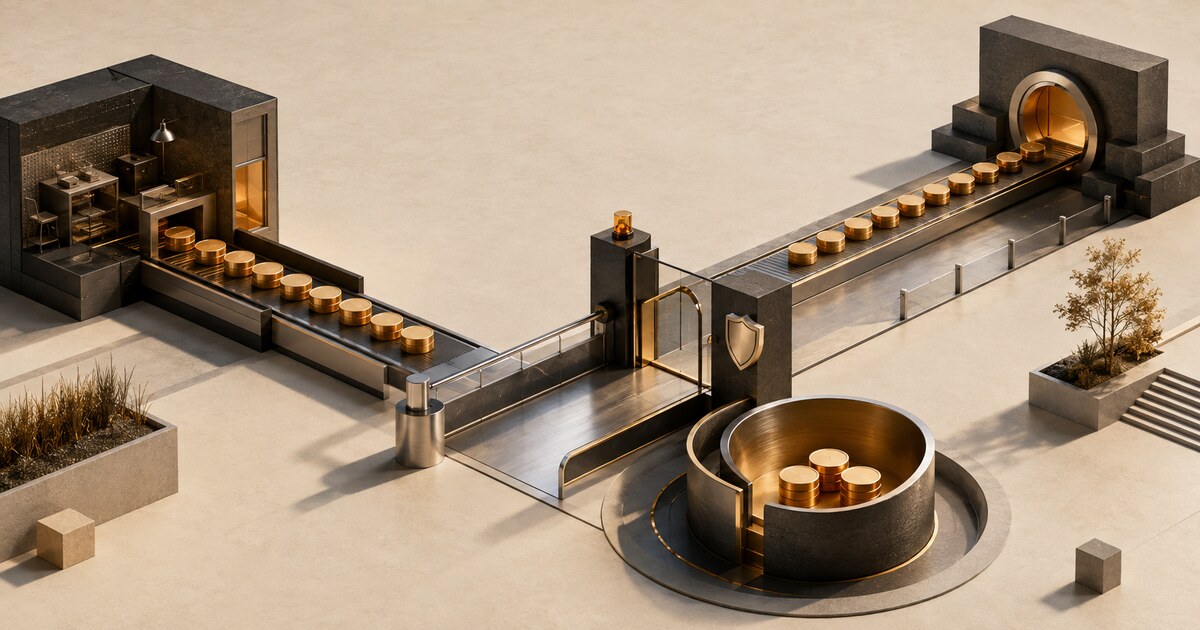 An amber-and-charcoal timing bridge routes part of a wage flow through a guarded checkpoint into a member deposit vessel