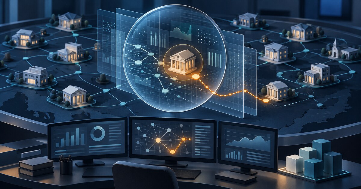 Abstract financial institutions connect to a supervisory analytics lens with a highlighted anomaly path and human-review checkpoint