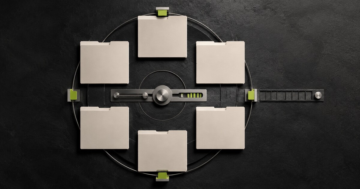 Six blank agenda folders arranged around a controlled governance calendar and eligibility gate