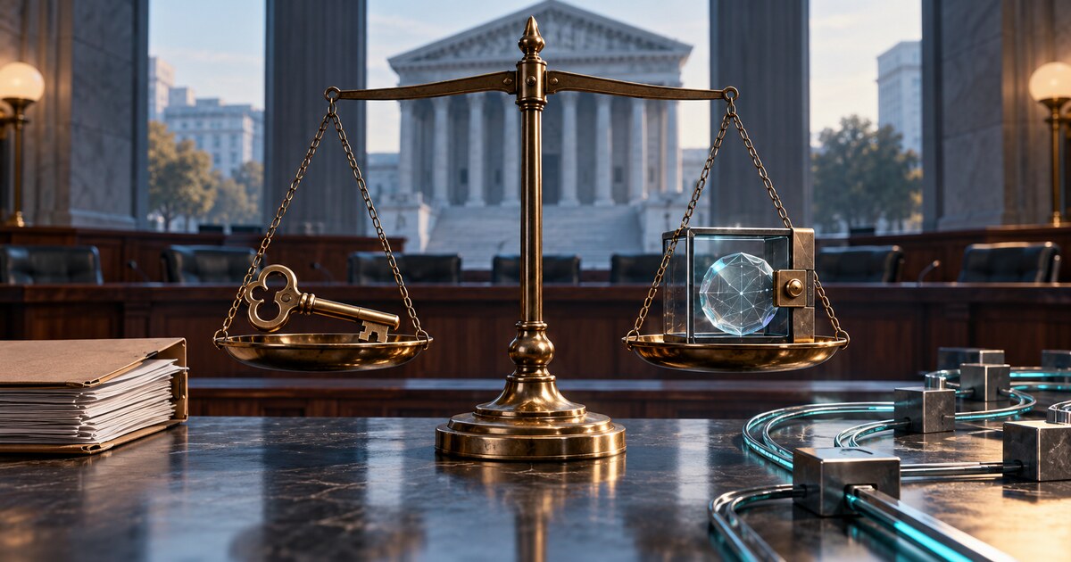 A brass scale balances a traditional vault key against a secured digital asset in a courtroom setting