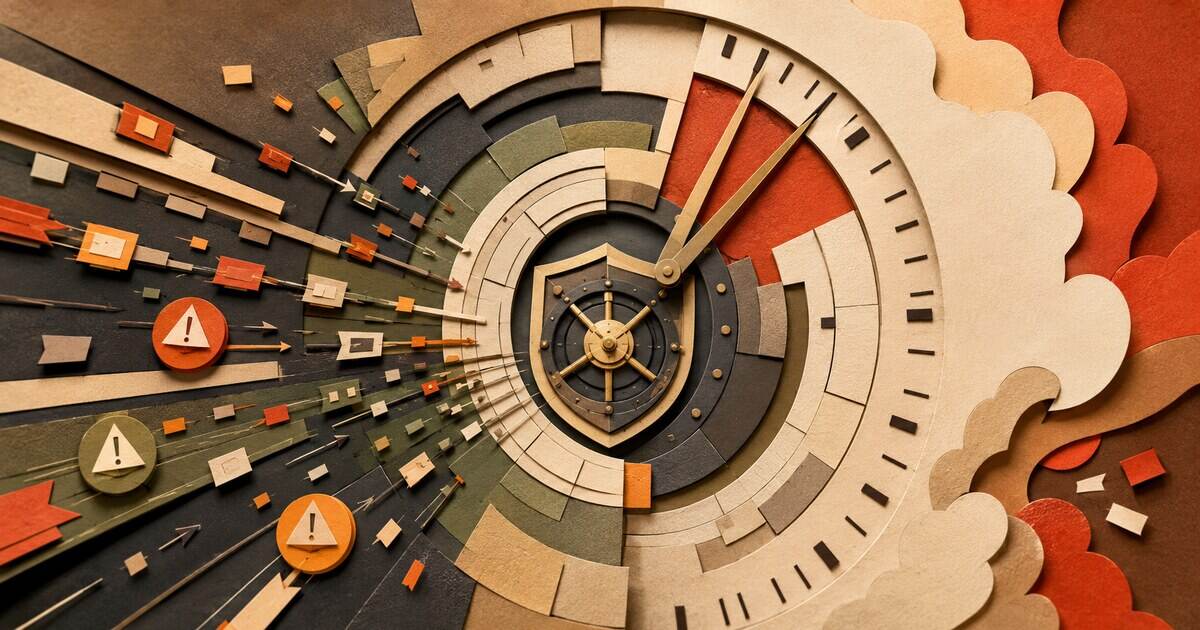 Layered paper-cut clock and security vault illustrating compressed AI risk response time