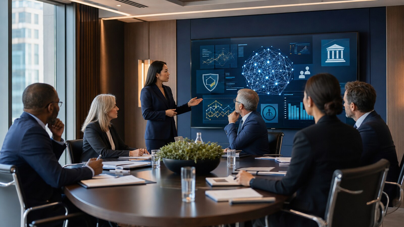 Credit union executives reviewing an artificial intelligence governance dashboard in a boardroom