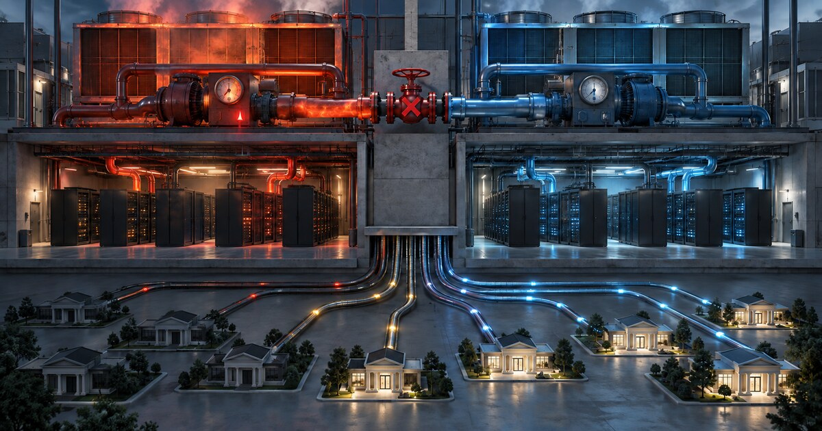 Mirrored data-center cooling systems show an overheated primary side, a blocked failover junction and service lines restoring to downstream institutions