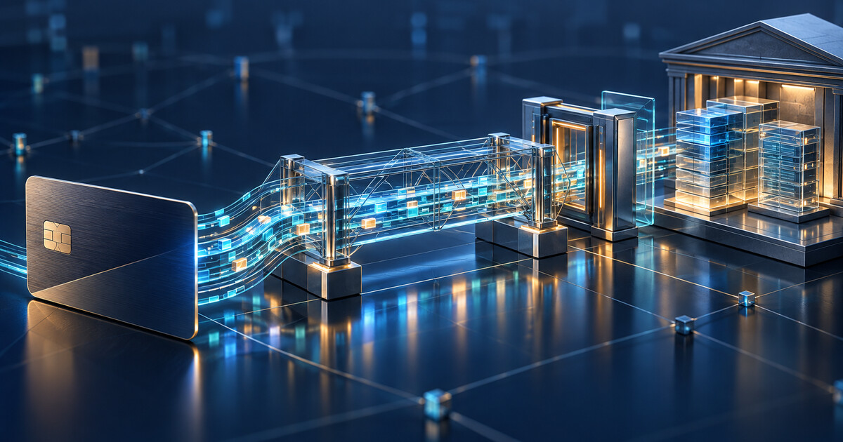 An unbranded payment card sends transaction flows across a transparent settlement bridge through a control gate into reserve and reconciliation ledgers