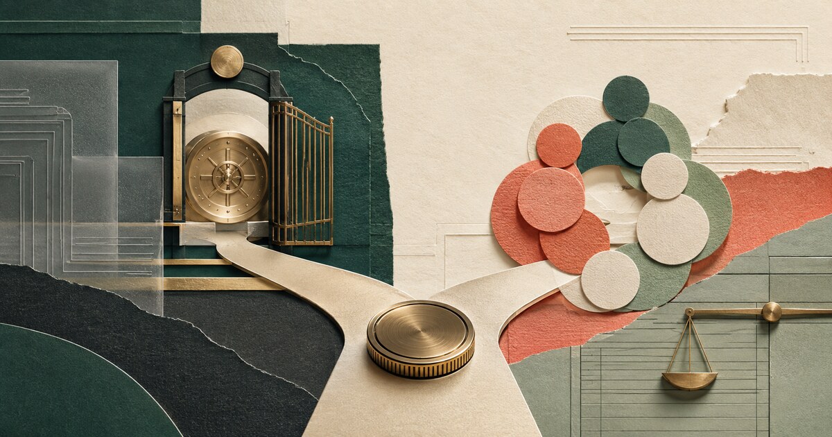 A mixed-media token reaches a fork between a licensing gate and a cooperative member-share motif beside a regulatory ledger